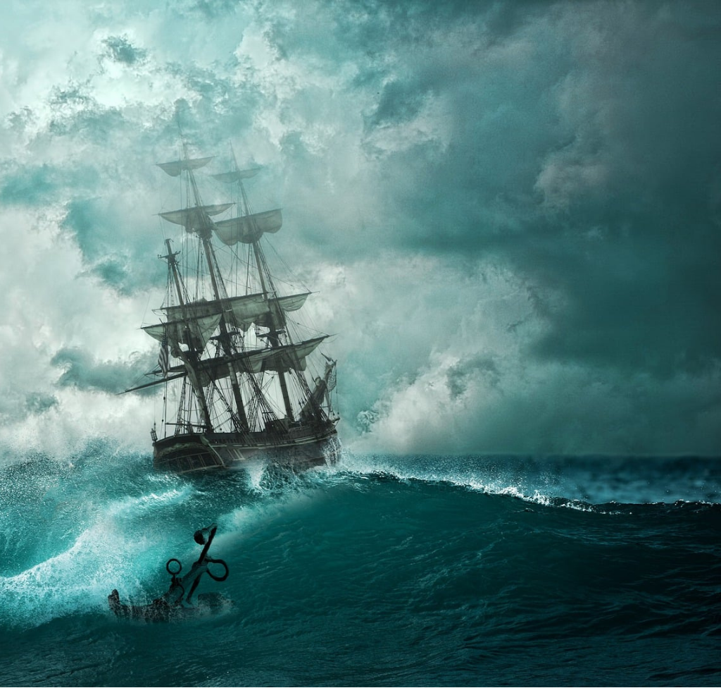 old ship in storm